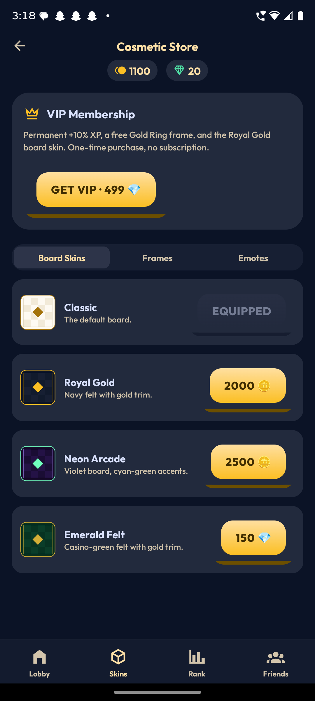 Cosmetic store — VIP membership and board skins Royal Gold, Neon Arcade, Emerald Felt