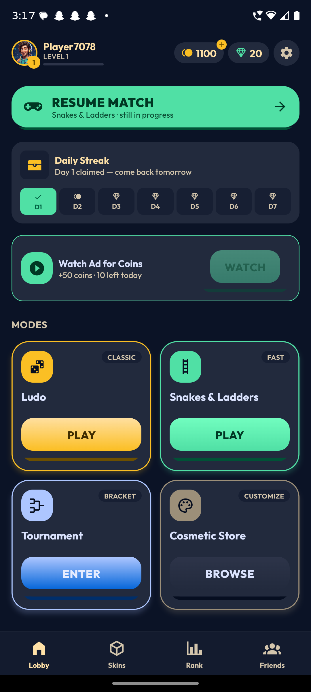 Ludo Dynasty home screen — resume match banner, daily streak, and the four game modes