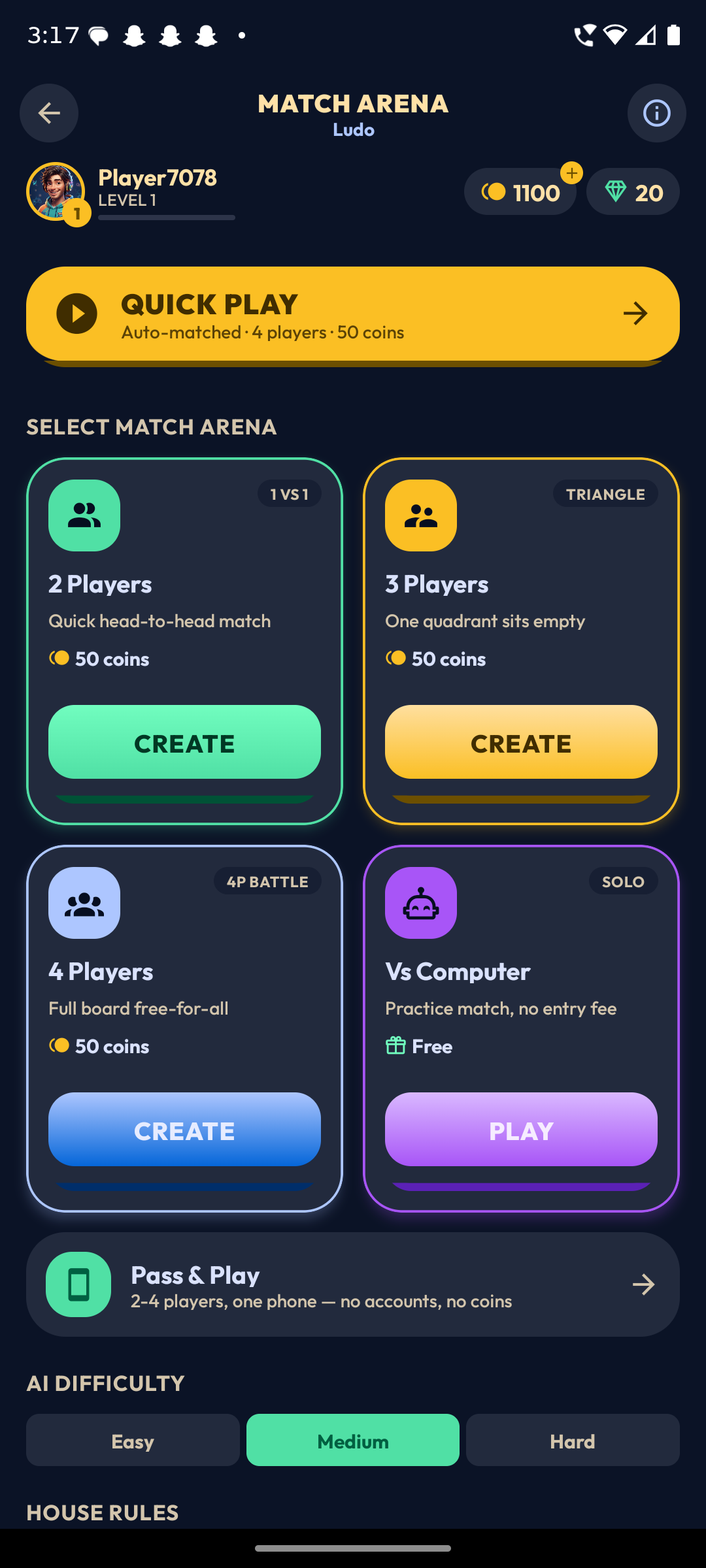 Ludo Dynasty match arena — quick play and 2, 3, 4-player or vs-computer options