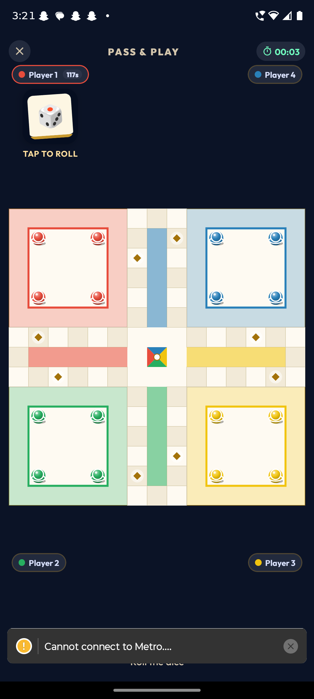Ludo Dynasty Pass and Play board — four colored yards around the classic cross-shaped path