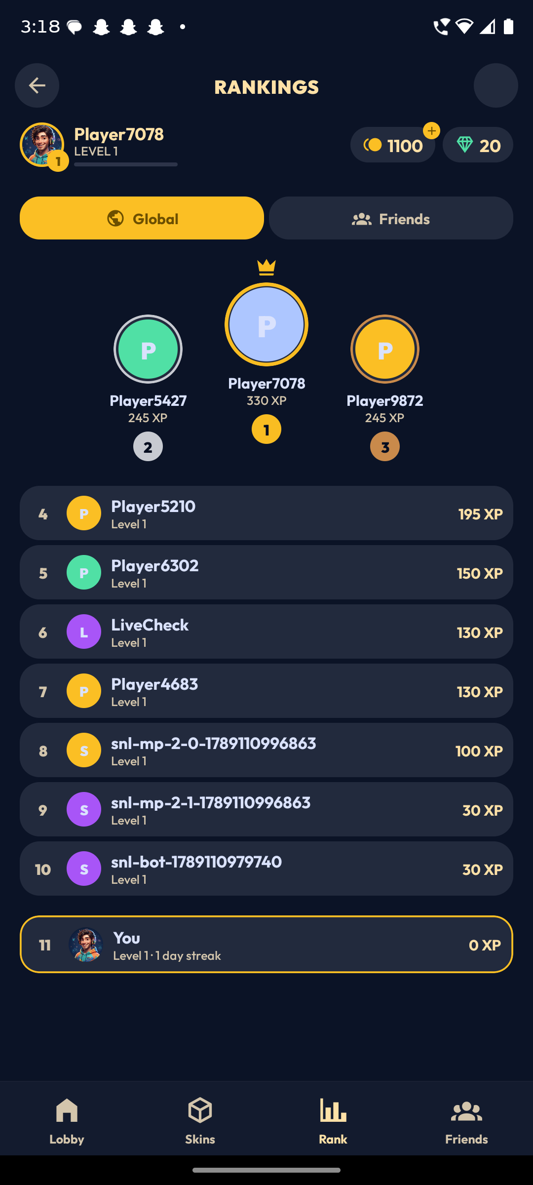 Global rankings leaderboard showing top players by XP