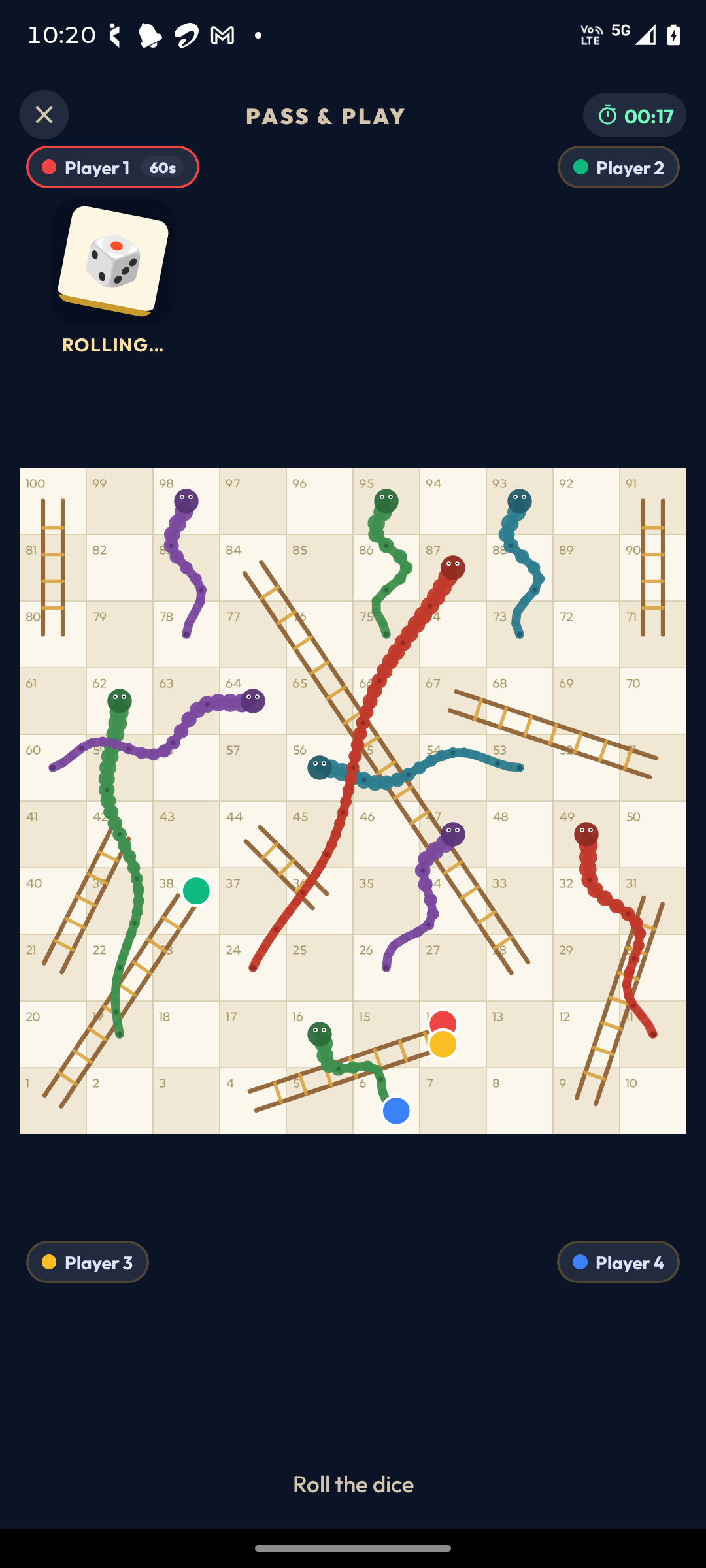 Snakes and Ladders Pass and Play match in progress with four players